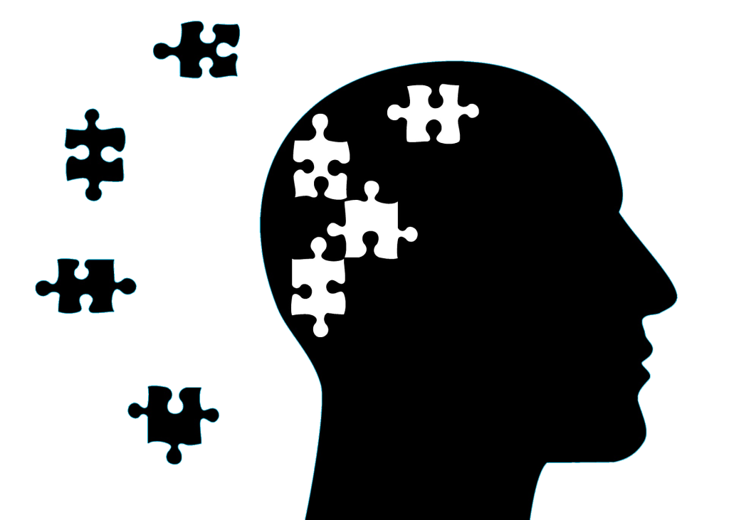 Testa umana stilizzata con pezzi di puzzle all'interno mancanti e presenti all'esterno