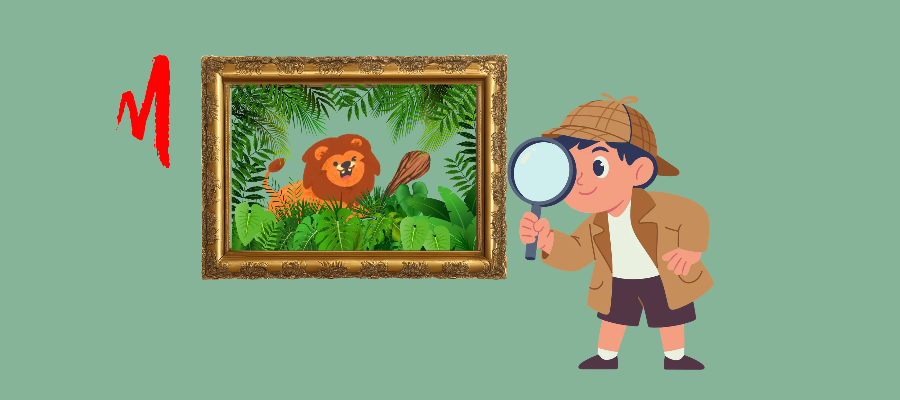 Illustrazione con bambino che guarda un quadro con un leone e una clava