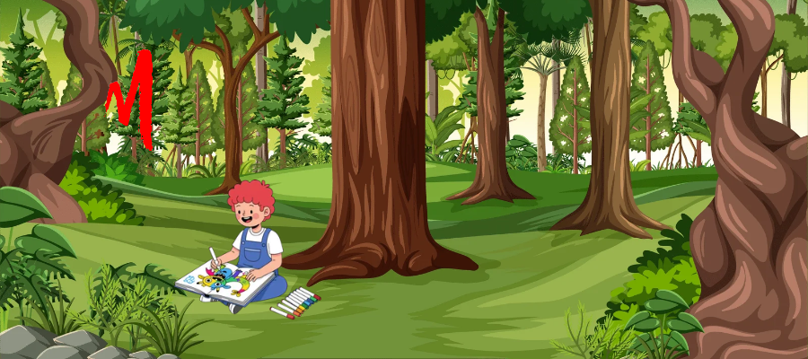 Illustrazione con bambino che disegna in un bosco